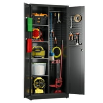 Aobabo 71.41''H Metal Garage Storage Cabinet with Lockable Doors and Hanging Rod,Broom Closet Storage Cabinet with Pegboard and Adjustable Shelves for Home Office School,Required Assembly,Black
