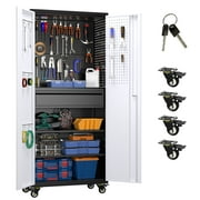 Aobabo 71" H Metal Garage Cabinet with Wheels with 5 Pegboards & 1 Drawer,Lockable Steel Tool Storage Cabinet for Garage,Home,Office,Warehouse,Assembly Required,Black+Gray