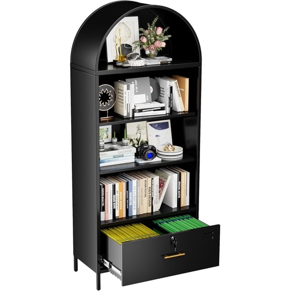 Aobabo 72.8" H Metal Arched Bookcase with 2 Adjustable Shelves and 1 File Drawer for Home Office, Black,Required Assembled