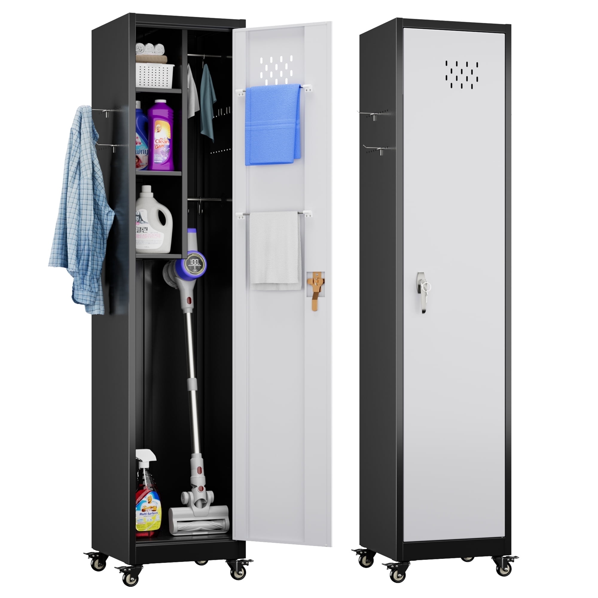 Aobabo 72''H Metal Broom Closet Storage Cabinet with Wheels, Steel Cleaning Tool Cabinet for Garage with Pegboards and Hooks,Assembly Required,Black/White
