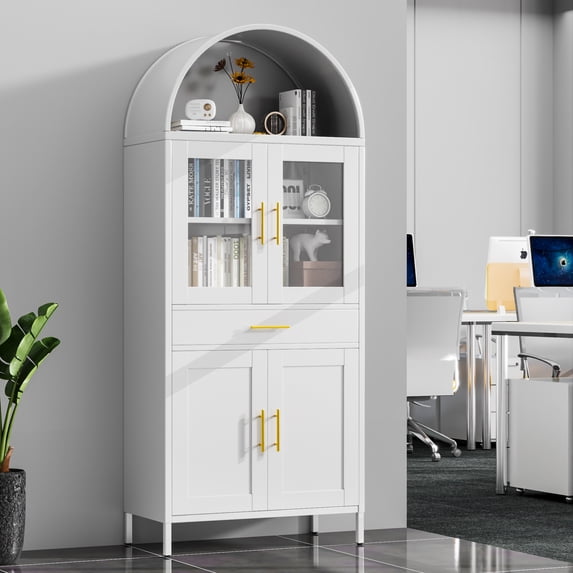 Aobabo 73'' H Metal Arched Storage Display Cabinet, Arch Kitchen Pantry Storage Cabinet with Drawer, Arched Bookcase with Glass Door for Living Room, Office, Assembly Required, White