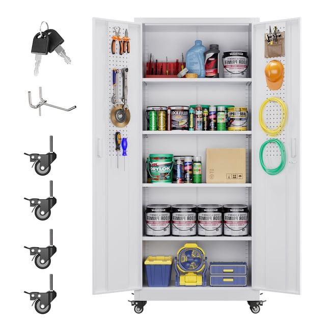 Mlezan Metal Storage Cabinet – 4 Doors, 1 Drawer, 4 Shelves – Rolling On Wheels – Black/Gray