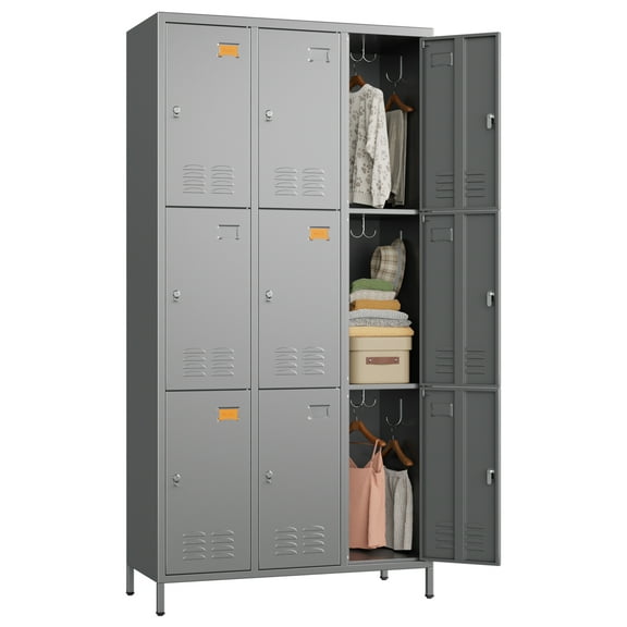 Aobabo 9 Doors Metal Storage Locker for Employees,Steel Locker for School Office Gym Bedroom,Industrial Steel Storage Locker with 27 Hooks,Dark Gray,Assembly Required