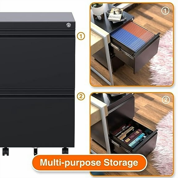 Aobabo Metal 2 Drawer Mobile File Cabinet with Lock, Under Desk Office Steel Filing Cabinet, 25.6''H Legal/Letter Size, Black, Fully Assembled Except Wheels