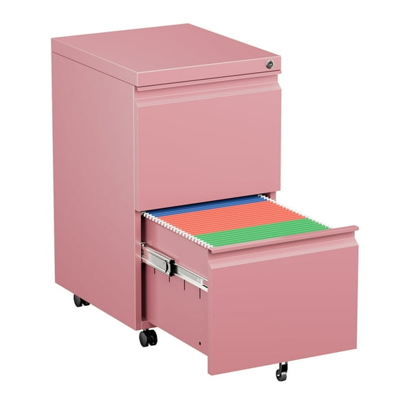 Aobabo Metal 2 Drawer Mobile File Cabinet with Lock, Under Desk Office Steel Filing Cabinet, 25.6''H Legal/Letter Size, Pink, Fully Assembled Except Wheels