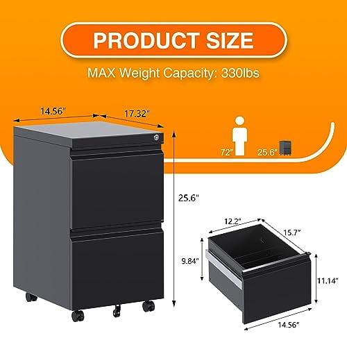 Black Metal 2-Drawer Mobile File Cabinet with Lock