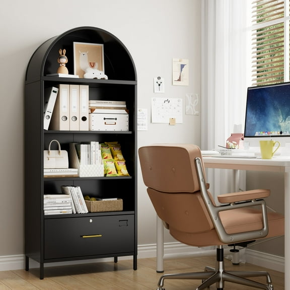 Aobabo Metal Arched Bookshelf Cabinet with Lockable Drawers,Arch Display Bookcase File Cabinet with Shelves for Home Office Living Room Black,Assembly Required