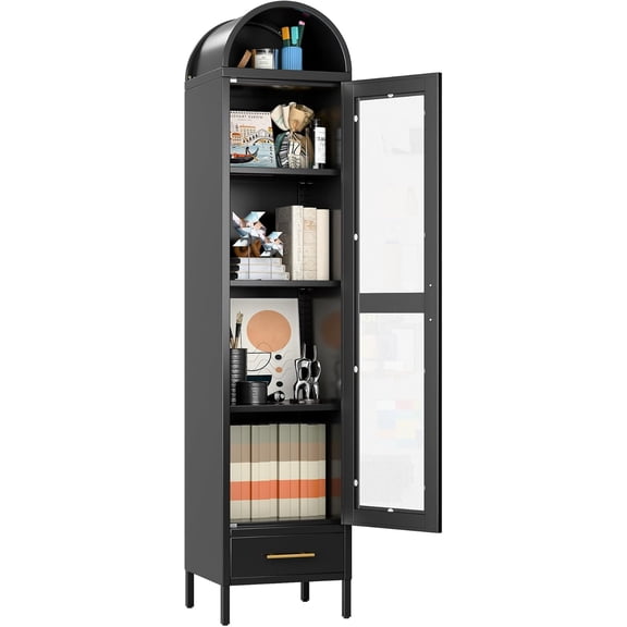 Aobabo Metal Arched Display Cabinet with Glass Doors, Narrow Arched Bookcase with 3 Adjustable Shelves for Home Office, Assembly Required, Black