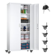 Aobabo 73" H Metal Storage Cabinet on Wheels for Garage, Locking Metal Storage Cabinet with 4 Shelves, Rolling Tool Storage Cabinet on Wheels, White, Assembly Required