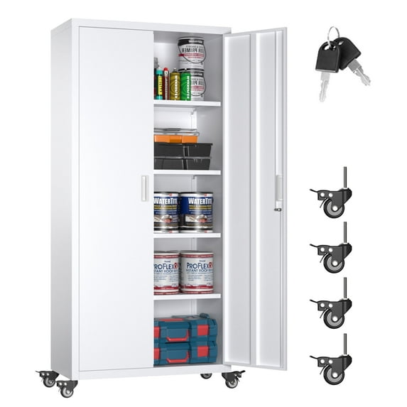 Aobabo 73" H Metal Storage Cabinet on Wheels for Garage, Locking Metal Storage Cabinet with 4 Shelves, Rolling Tool Storage Cabinet on Wheels, White, Assembly Required