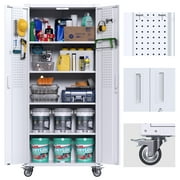 Aobabo Metal Garage Office Home Storage Cabinet with Wheels,Lockable Steel Storage Cabinet with 2 Pegboard,4 Shelves Adjustable Cabinet with Door Hole and Hook Rack,White,Assembly Required