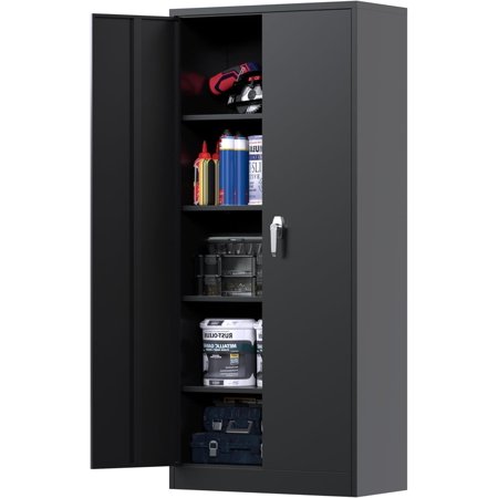 Aobabo Metal Garage Storage Cabinet,71" Lockable Metal Storage Cabinet with 2 Doors and 4 Adjustable Shelves,Black Steel Cabinet for Garage Office School Home Storage,Assembly Required