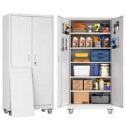 Aobabo Metal Garage Storage Cabinet with Wheels, Rolling Tool Storage Cabinet with 5 Adjustable Shelves and Pegboard for Garage Home Office Utility Room,Required Assembly,White 71" H 32" W 16" D