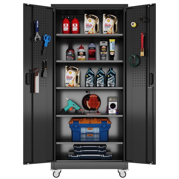 Aobabo Metal Garage Storage Cabinet with Wheels, Rolling Tool Storage Cabinet with 5 Adjustable Shelves and Pegboard for Garage Home Office Utility Room,Required Assembly,Black71" H×32" W×16" D