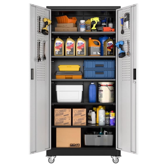 Aobabo Metal Garage Storage Cabinet with Wheels, Rolling Tool Storage Cabinet with 5 Adjustable Shelves and Pegboard for Home Office Utility Room,Required Assembly,Black Silvery 71" H×32" W×16" D