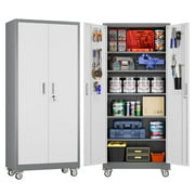 Aobabo Metal Garage Storage Cabinet with Wheels, Rolling Tool Storage Cabinet with 5 Adjustable Shelves and Pegboard for Home Office Utility Room,Required Assembly,Gray White 71" H×32" W×16" D