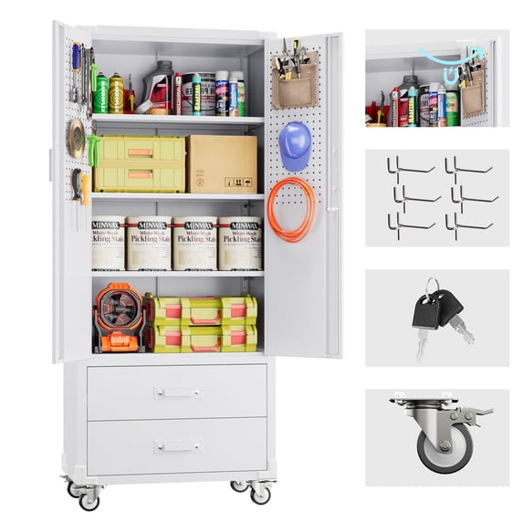 Aobabo Metal Gargae Cabinet with 2 Drawer & Pegboard, Lockable Storage Cabinet with Wheels, 3 Adjustable Shelves and Hooks, for Home, Office, Garage, Classroom, Assembly Required,White