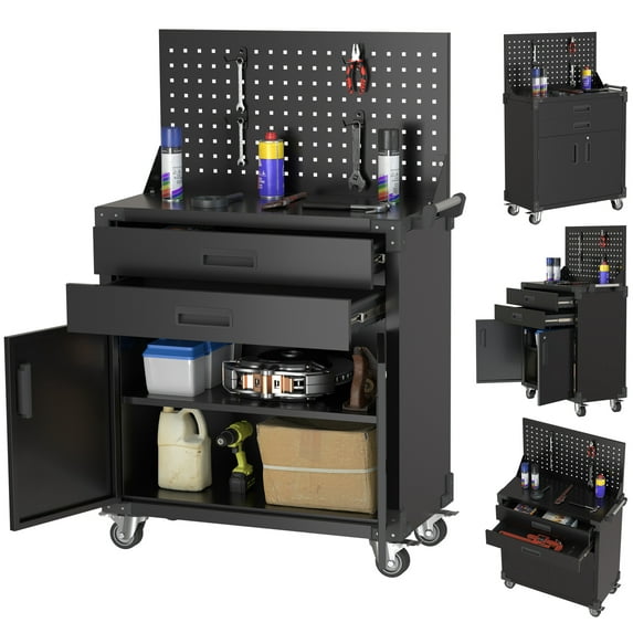 Aobabo Metal Mobile Storage Cabinet with 2 Storage Drawers, Rolling Tool Chest with Pegboard, Industrial Utility Garage Tool Cart for Warehouse, Garage, Workshop (Assembly Required)