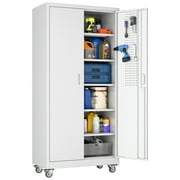 Aobabo Metal Storage Cabinet with 2 Large Drawer, Lockable Steel Storage Cabinet with 3 Adjustable Shelves, for Home, Office, Garage, Classroom, White, Assembly Required