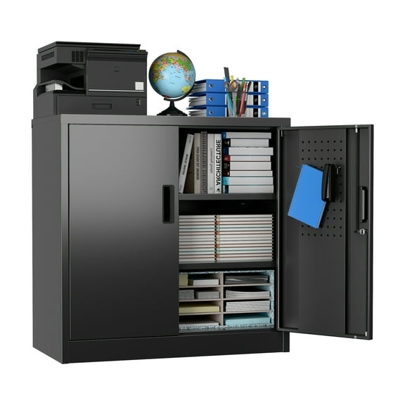 Aobabo Metal Storage Cabinet with Lock & Pegboard,Garage Storage Cabinet with 2 Adjustable Shelves,Small Tool Storage Cabinets for Home Office Garage,Assembly Required,Black