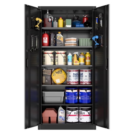 Aobabo Metal Storage Cabinet with Lock & Pegboard,Garage Storage Cabinet with 5 Adjustable Shelves,Tool Storage Cabinets for Home Office Garage,Assembly Required,Black