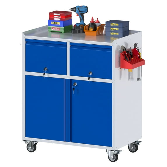 Aobabo Metal Storage Cabinet on Wheels with 2 Drawer, Rolling Steel Garage Tools Cabinet with Side Pegboard &4 Hooks & 1 Adjustable Shelf for Garage,Shop,Home, Blue/Gray, Assembly Required