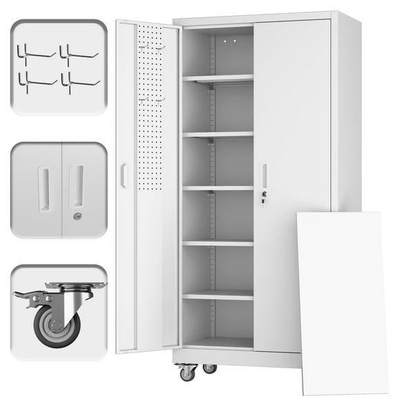 Aobabo Metal Storage Cabinet with Wheels & Pegboards,Office Storage Cabinet with Lock & Shelves,71H''*32''W*16''D Steel Garage Cabinet for Office Home,White Required-Assembly
