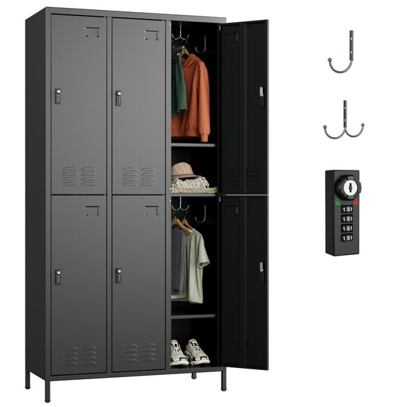 Aobabo Combination Lock Metal Storage Locker for Office Gym Bedroom Dormitory, 6 Doors Steel Locker Cabinet for Employees, Industrial Storage Locker with 18 Hooks,Black,Assembly Required