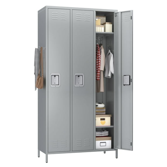 Aobabo Metal Storage Lockers 3 Door Lockable Locker with Pegboard, 72 Inch Tall Storage Locker for Employee,Home Office,Gym,School, Assembly Required,Light Gray