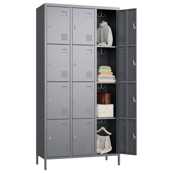 Aobabo Metal Storage Lockers for Employees, Steel Locker with 12 Door Lockable,Industrial Dark Gray Storage Locker Cabinet for Gym,School,Office,Assembly Required,72''H*35.43''W*15.75''D