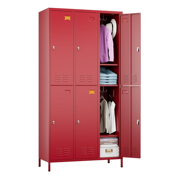 Aobabo Metal Storage Lockers for Employees, Steel Locker with 6 Door Lockable,Industrial Red Storage Locker Cabinet for Gym,School,Office,Assembly Required,72''H*35.43''W*15.75''D
