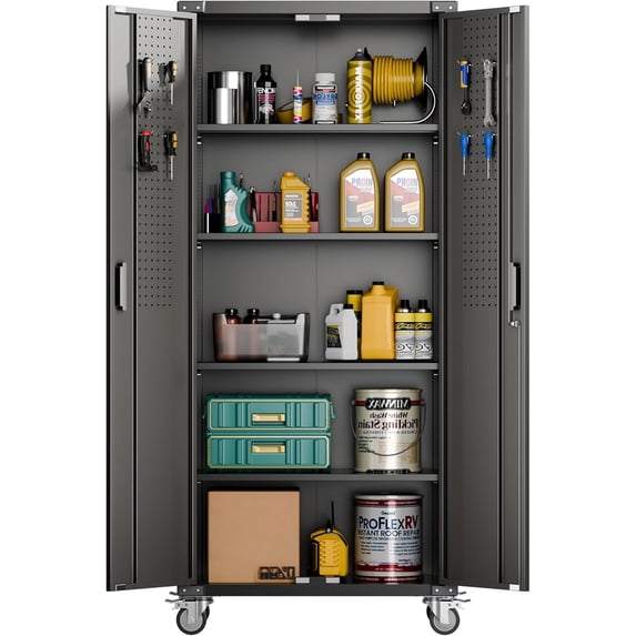 CHAUKY Upgraded 72" H Garage Storage Cabinets with Wheels,Metal Storage Cabinets with Door Pegboard for Garage Home Office Storage,Assembly Required, Black