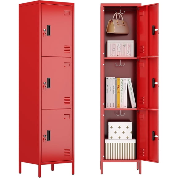 Aobabo Upgraded Lockable 3 Doors Metal Lockers with Hooks for Home Office School Gym,Assembly Required,Red,66''H*15.75''W*15.75''D