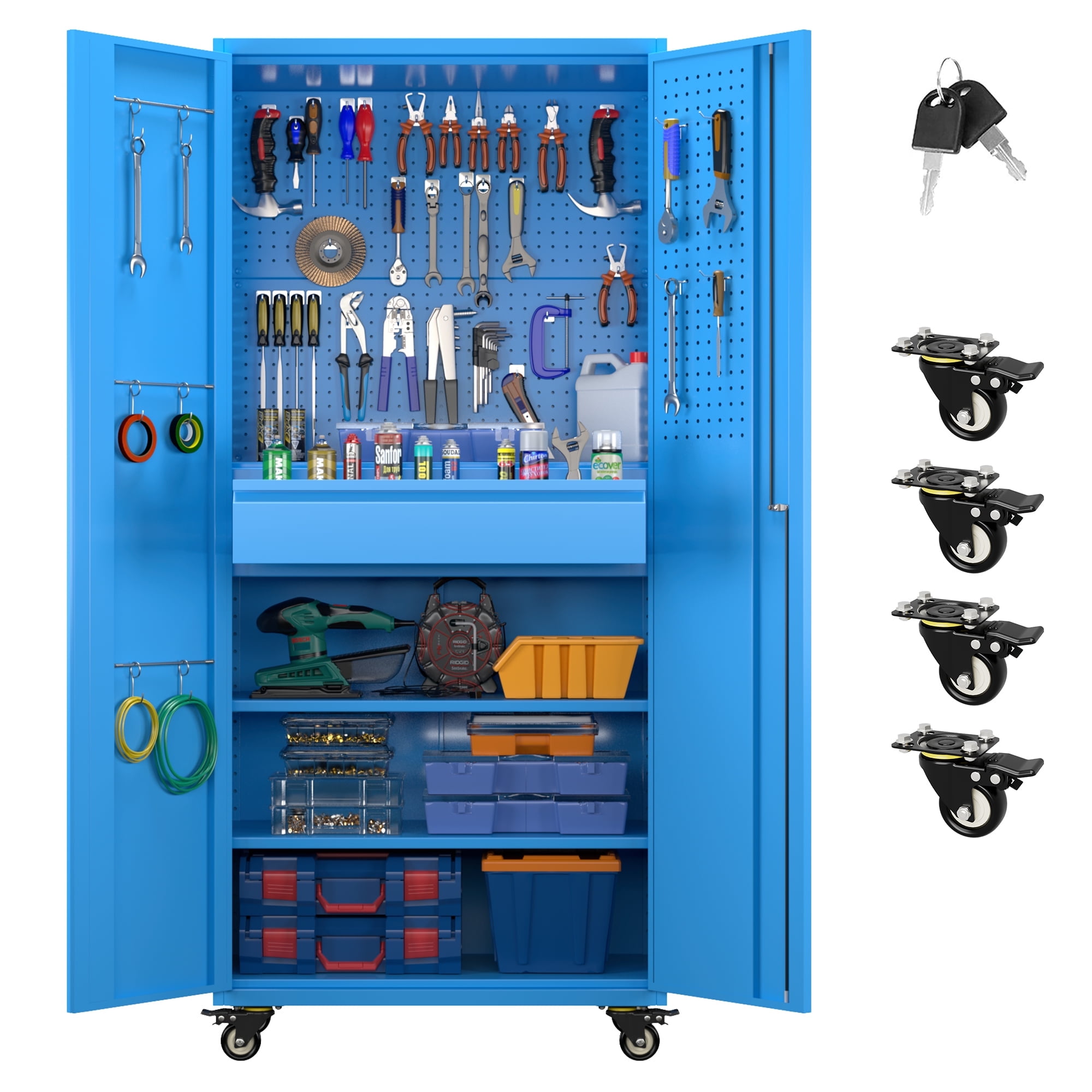 Aobabo Upgraded Metal Garage Cabinet with Wheels with 5 Pegboards ...