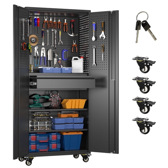 Aobabo Upgraded Metal Garage Cabinet with Wheels with 6 Pegboards & 1 Drawer, 71" H Lockable Steel Tool Storage Cabinet for Garage,Home,Office,Assembly Required,Black