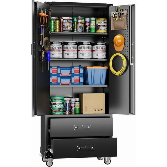 Aobabo Upgraded Metal Garage Storage Cabinet with Wheels and 2 Drawers, Lockable Rolling Tools Cabinet with Pegboards and Hooks,Assembly Required,Black