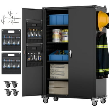 Aobabo Upgraded Wide & Deep Garage Storage Cabinet with Wheels, Metal Storage Cabinet with Door Pegboards and 2 Rod for Garage Home Storage， Required Assembly (Black, 43.3''W x 21.9''D x 72''H)