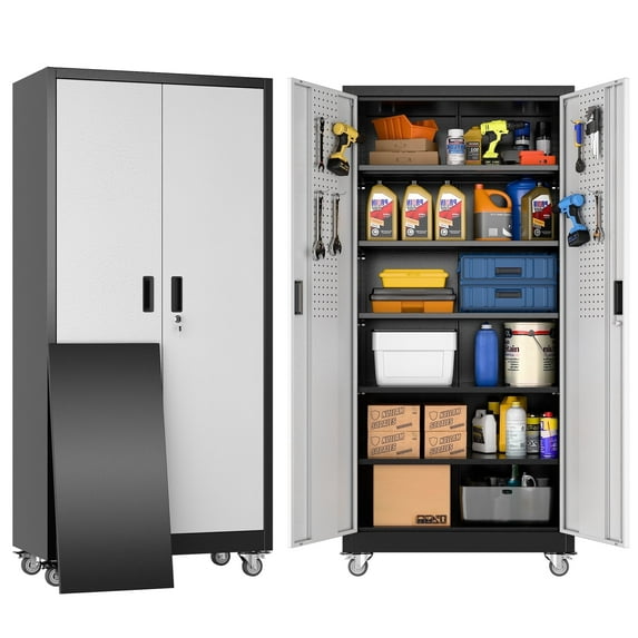 Aobabo 71" H×34" W×18" D Garage Metal Storage Cabinet with Wheels, Locking Steel Storage Cabinet with 5 Shelves and 4 Hooks, for Home Office, School, Assembly Required, Black Silver