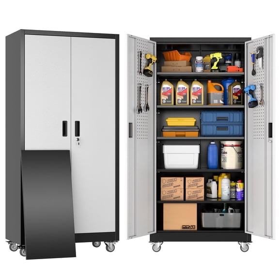 Aobabo 71" H×34" W×18" D Garage Metal Storage Cabinet with Wheels, Locking Steel Storage Cabinet with 5 Shelves and 4 Hooks, for Home Office, School, Assembly Required, Black Silver