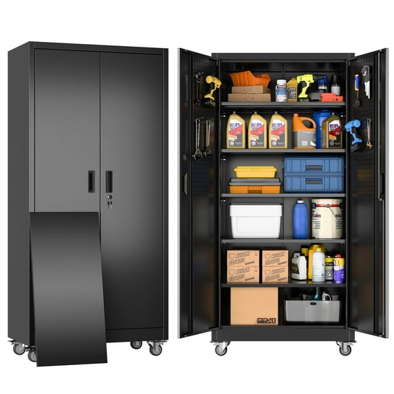 Aobabo Upgraded Wide & Deep Garage Storage Cabinets with Wheels & Pegboard,Lockable Metal Storage Cabinets 2 Doors&5 Shelves for Garage Home Office School,Assembly Required, Black