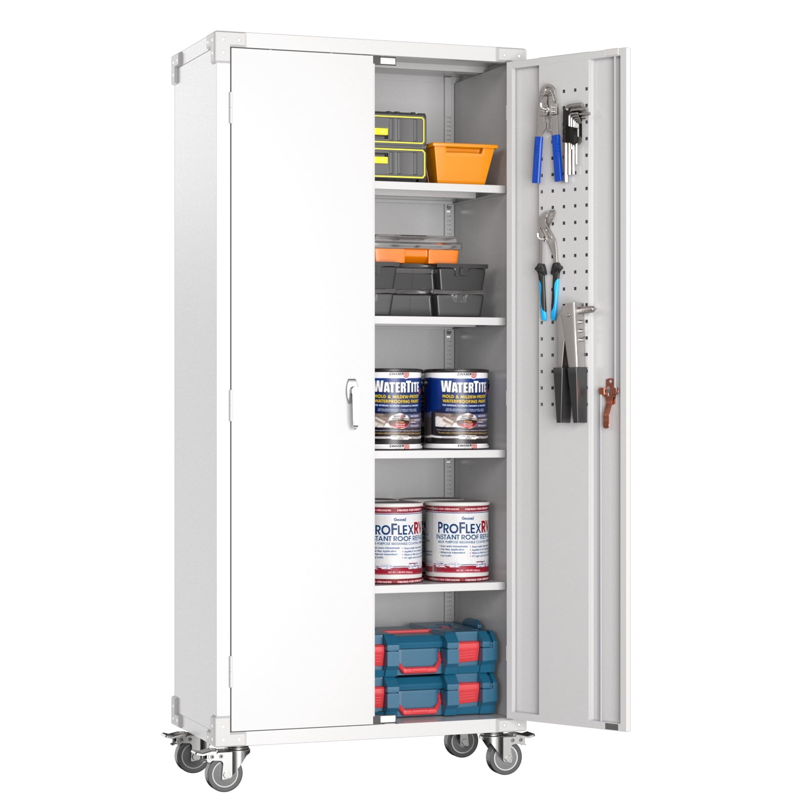 Aobabo White Metal Storage with Pegboard,72In Lockable Storage