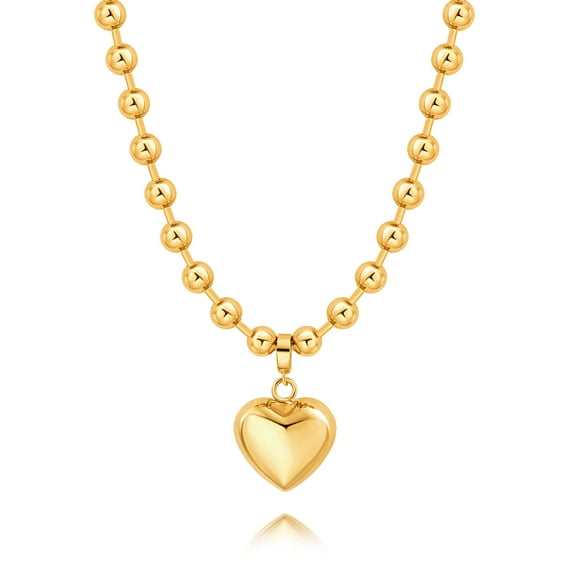 Aobei Pearl 18K Gold Plated Puffy Heart Pendant Necklace Chunky Satellite Beads Chain Choker Detachable Heart Charm Jewelry Handmade for Women