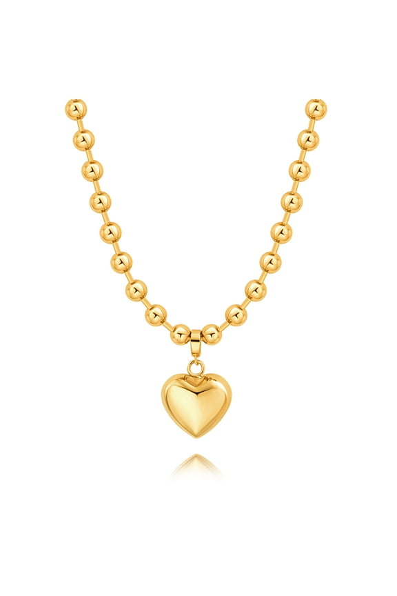 18K Gold Plated Puffy Heart Pendant Necklace Chunky Satellite Beads Chain Choker Detachable Heart Charm Jewelry Handmade for Women