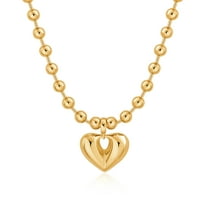 Aobei Pearl 18K Gold Plated Puffy Hollow Heart Pendant Necklace Chunky Ball Chain Choker Beads Station Necklace Layering Jewelry 18” 2”