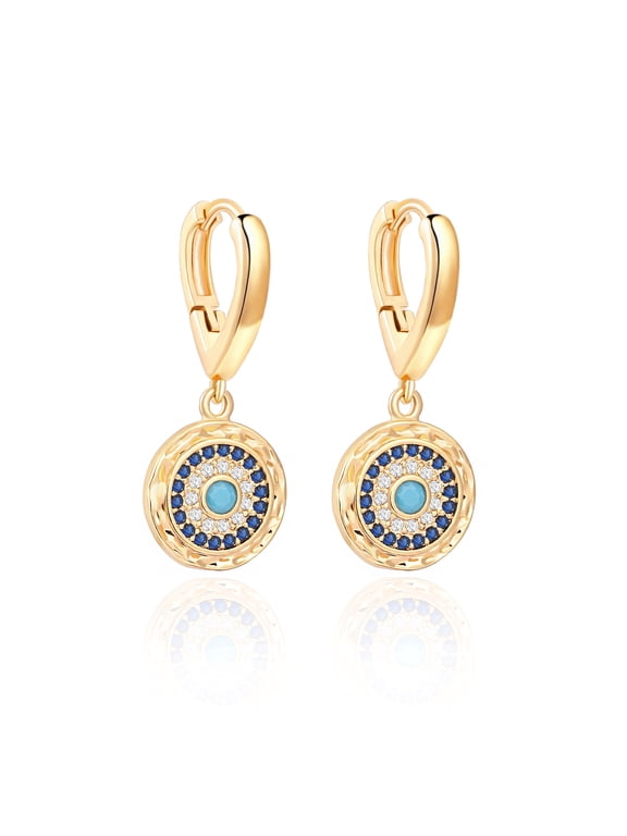 18K Gold Plated Round Evil Eye Dangle Hoop Earrings for Women Small Micro-inlaid Cubic Zirconia Charm Jewelry Fashion Hammered Coin Earrings