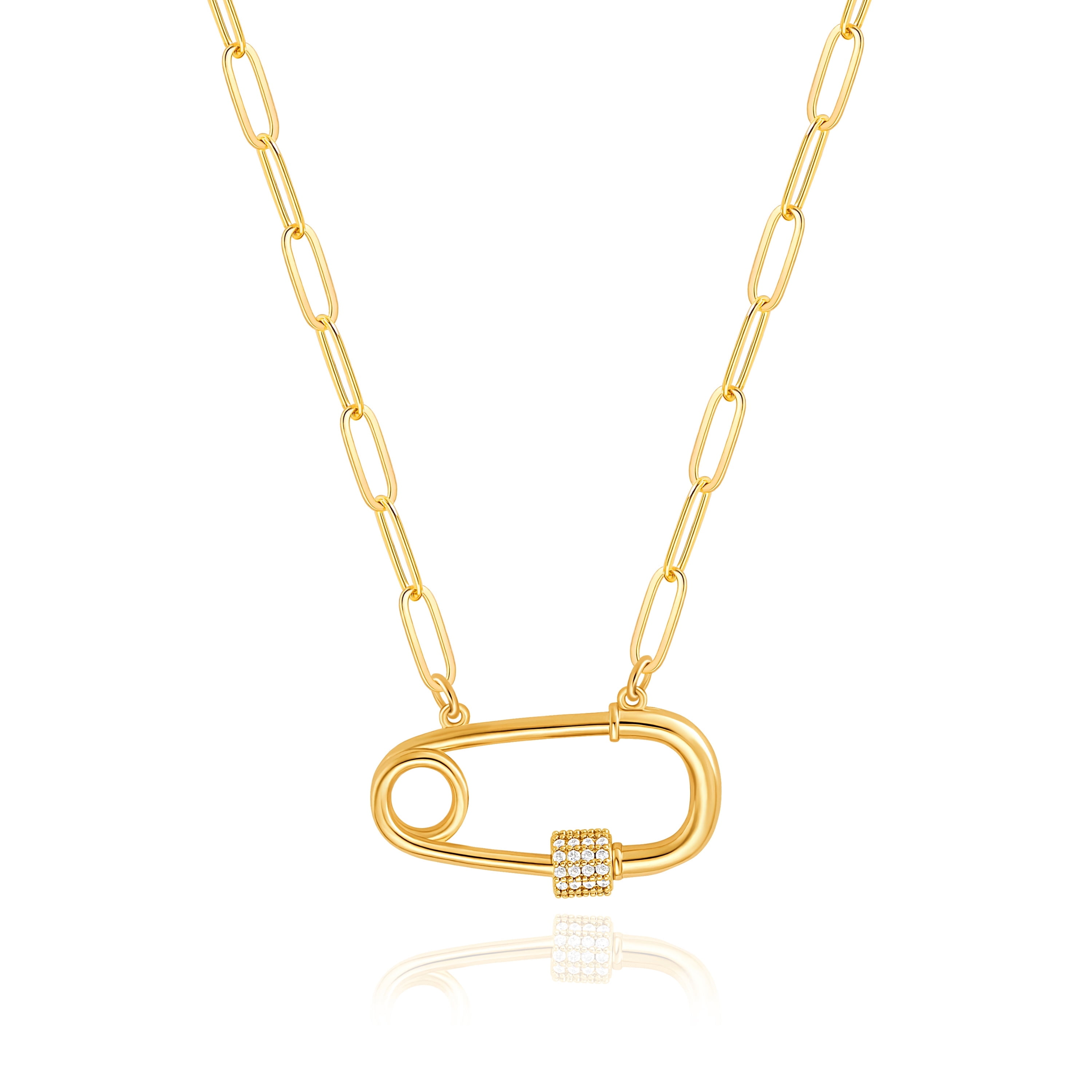 Aobei Pearl 18K Gold Plated Safety Pin Pendant Necklace Paperclip Chain Choker Dainty CZ Pave Screw Lock Layering Jewelry for Women