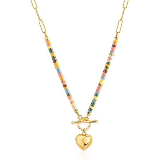 Aobei Pearl 18K Gold Puffy Love Heart Pendant Necklace, Bohemian Colorful Lava Clay Beads on Paperclip Chain Necklace, Handmade Layering Jewelry for Women