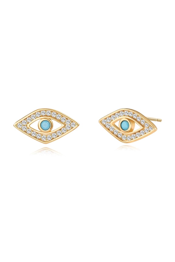18k Gold Plated Evil Eye Stud Earrings, Halo Cubic Zirconia Earrings with Turquoise, Tiny Dainty Post Earrings for Women