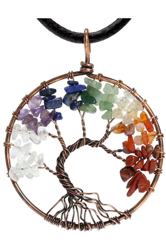 7 Chakra Gemstone Healing Crystals Necklace - Copper Wire Wrapped Natural Unisex Hippie Leather Choker