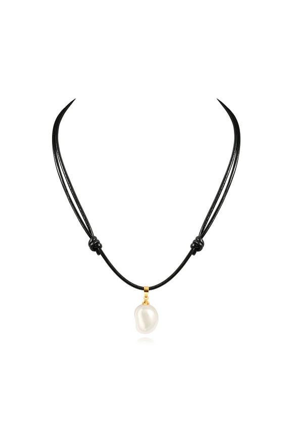 Baroque Single Pearl Pendant Necklace Black Genuine Leather Cord Double Knotted Adjustable Choker Necklace for Women